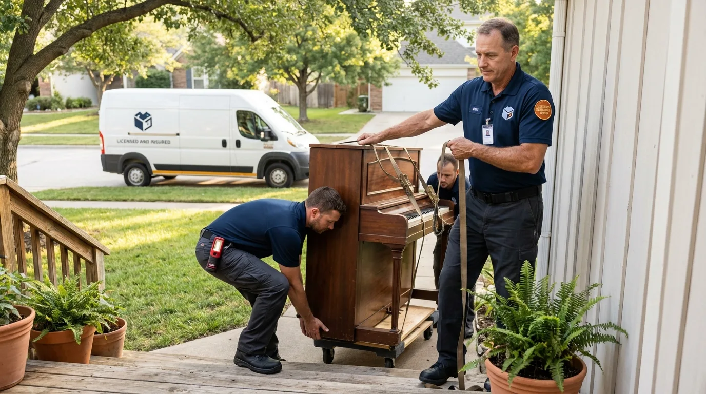Licensed piano movers securing grand piano in Cheswold, DE