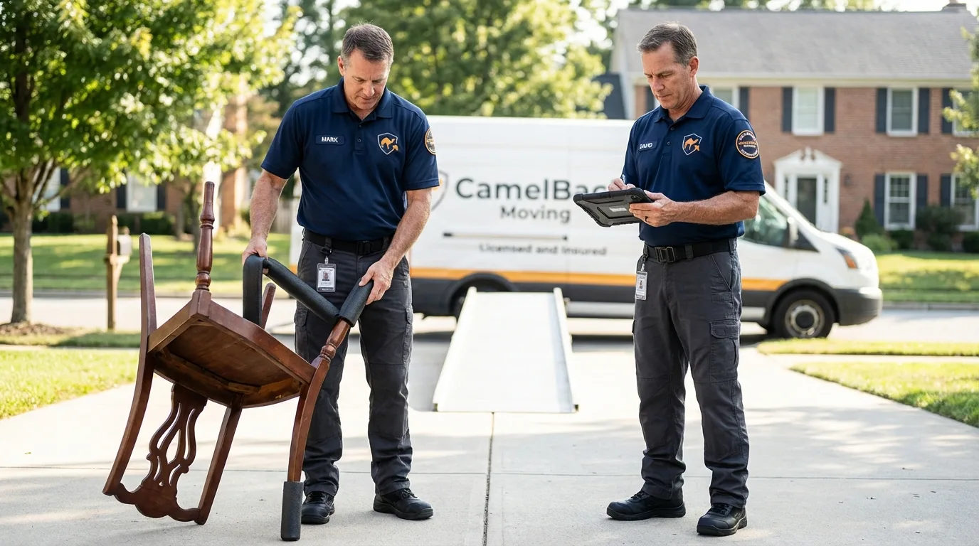 Movers inspecting furniture for damage prevention before loading in Cheswold, DE