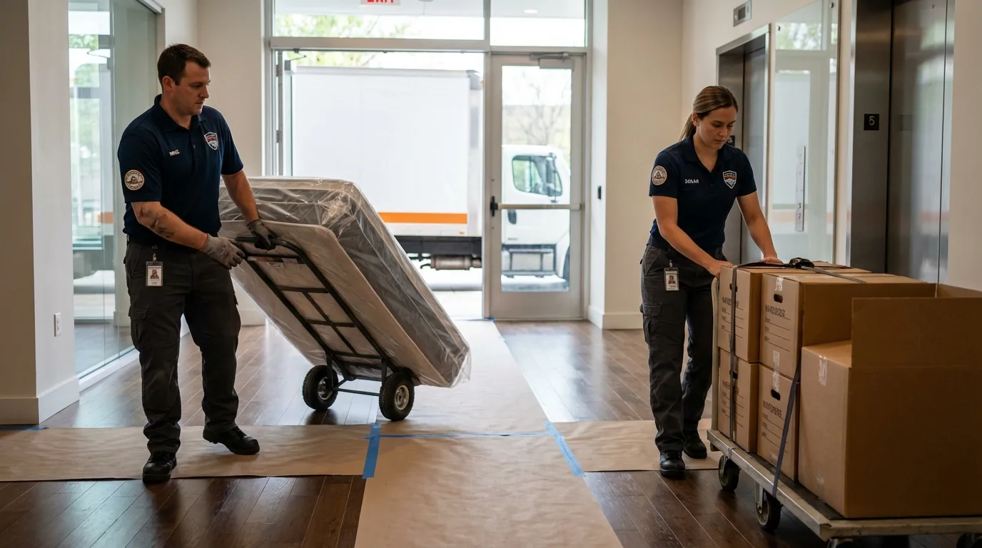 Professional apartment movers loading elevator in Cheswold, DE